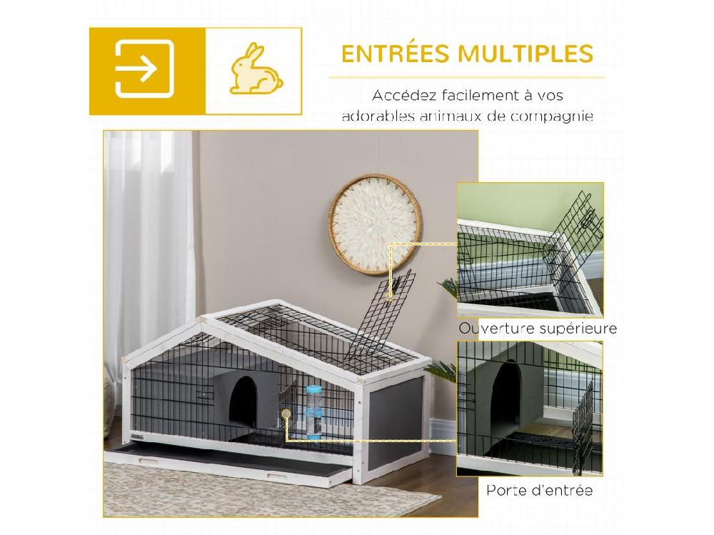 Vente Unique Clapier Cage à Lapin - Niche Plateau Déjection Porte Et Toit Ouvrant Verrouillables Abreuvoir - Acier Noir Sapin Gris Blanc