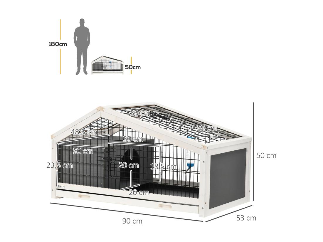 Vente Unique Clapier Cage à Lapin - Niche Plateau Déjection Porte Et Toit Ouvrant Verrouillables Abreuvoir - Acier Noir Sapin Gris Blanc