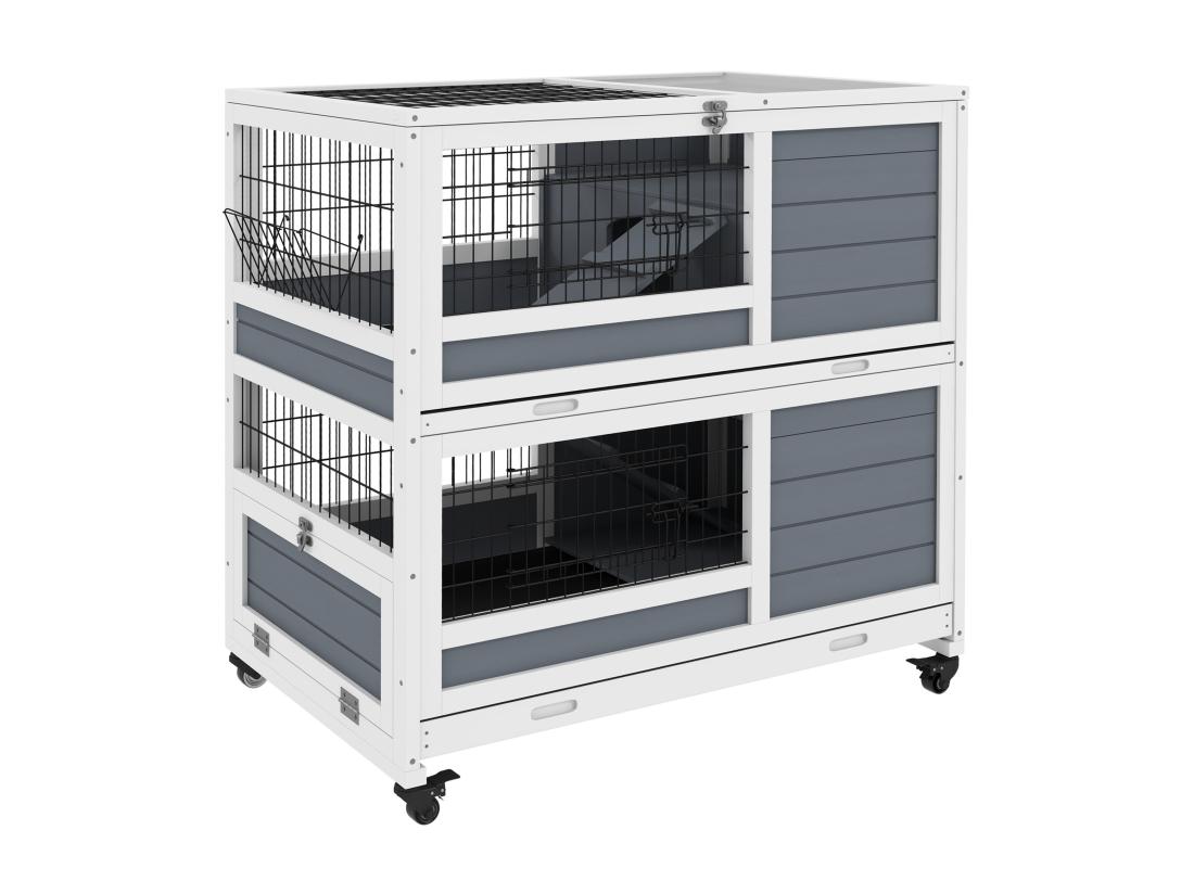 Vente Unique Clapier Cage Lapin Sur Roulettes - 2 Niveaux 2 Plateaux 3 Portes Rampes - Bois Sapin Gris Blanc