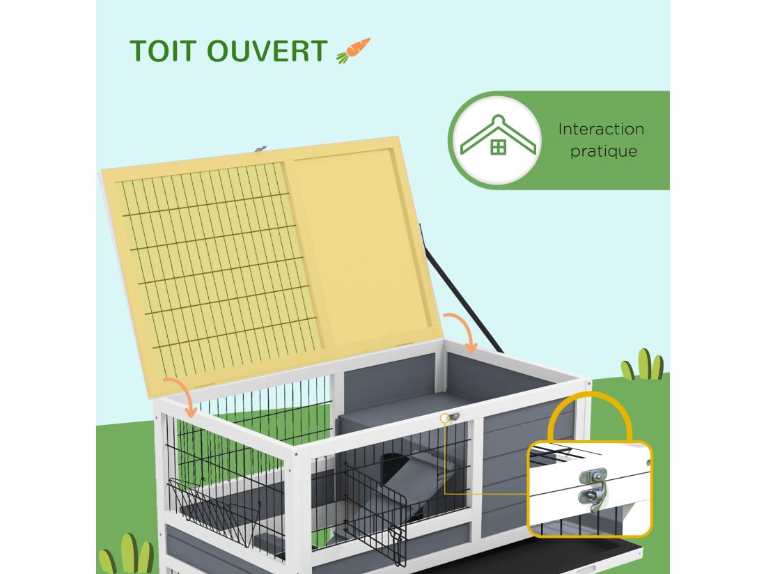 Vente Unique Clapier Cage Lapin Sur Roulettes - 2 Niveaux 2 Plateaux 3 Portes Rampes - Bois Sapin Gris Blanc