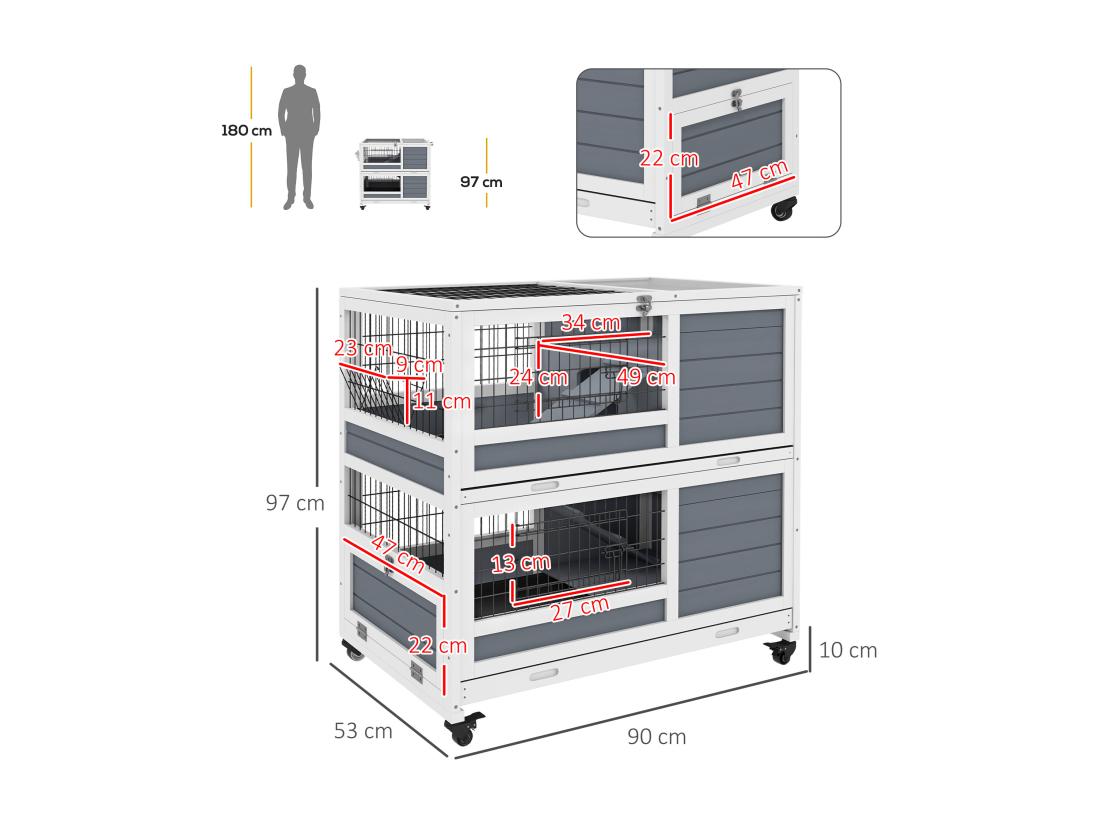 Vente Unique Clapier Cage Lapin Sur Roulettes - 2 Niveaux 2 Plateaux 3 Portes Rampes - Bois Sapin Gris Blanc
