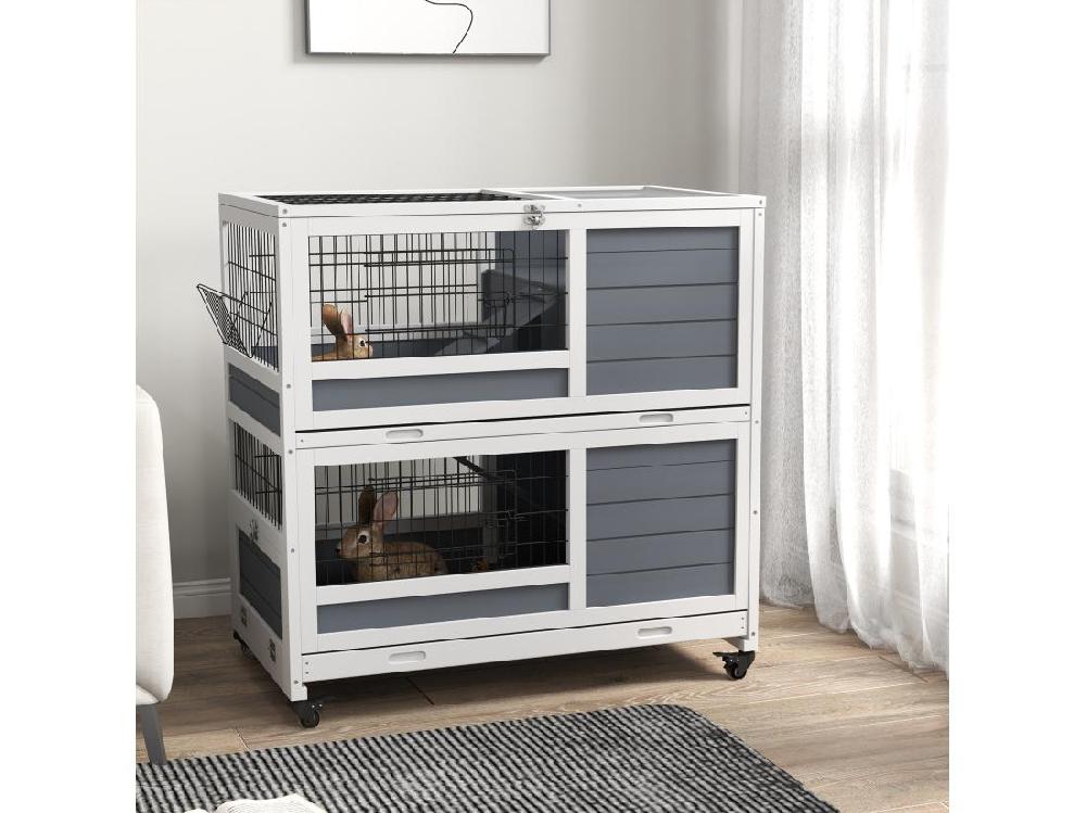 vente unique Clapier cage lapin sur roulettes - 2 niveaux 2 plateaux 3 portes rampes - bois sapin gris blanc