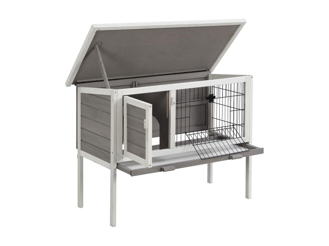 Vente Unique Clapier En Bois Sur Pieds Pour Lapins Et Rongeurs - L. 91 X P. 45 X H. 70 Cm - Blanc Et Gris - LAPIUS