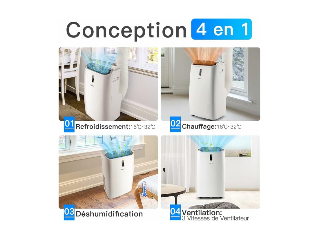 Vente Unique Climatiseur Mobile 5 En 1 R290 16000BTU [Classe énergétique A] Contrôle Télécommande/APP Chauffage Rafraîchissement Déshumidification Ventilateur Et Mode Nuit