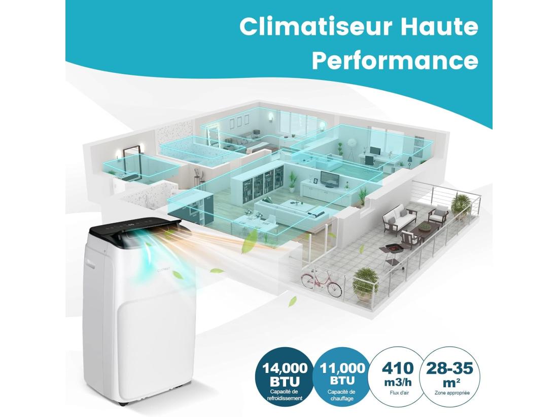 Vente Unique Climatiseur Mobile Silencieux 4 En 1 - 14000BTU [Classe Energétique A] Avec Chauffage Ventilateur Déshumidificateur Rafraîchisseur Mode Nuit