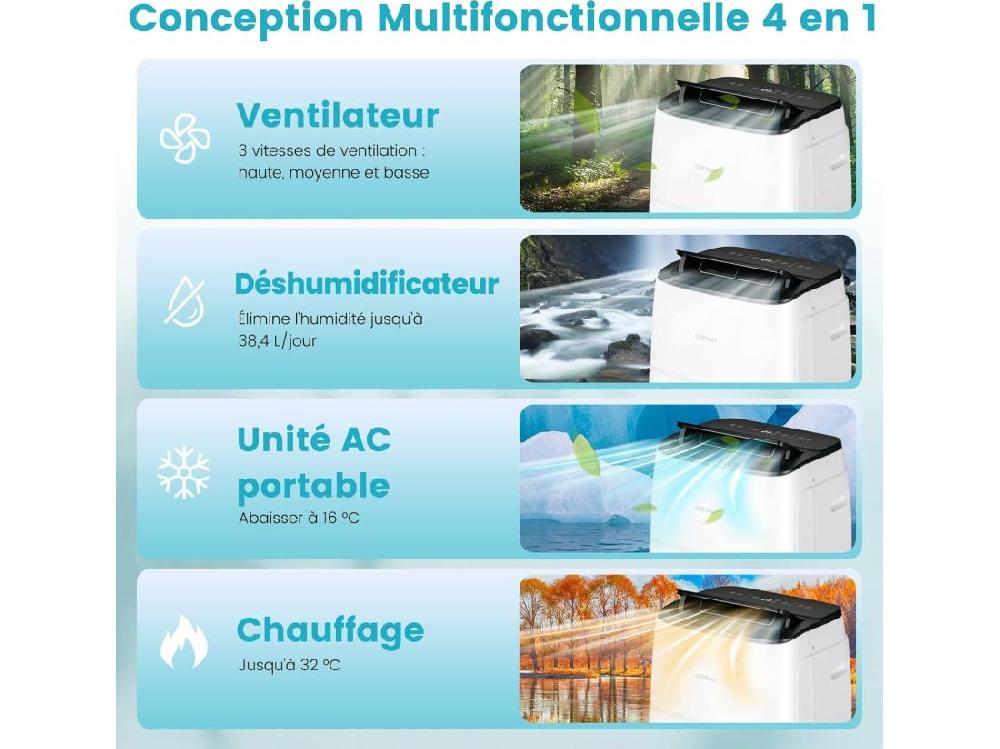 Vente Unique Climatiseur Mobile Silencieux 4 En 1 - 14000BTU [Classe Energétique A] Avec Chauffage Ventilateur Déshumidificateur Rafraîchisseur Mode Nuit