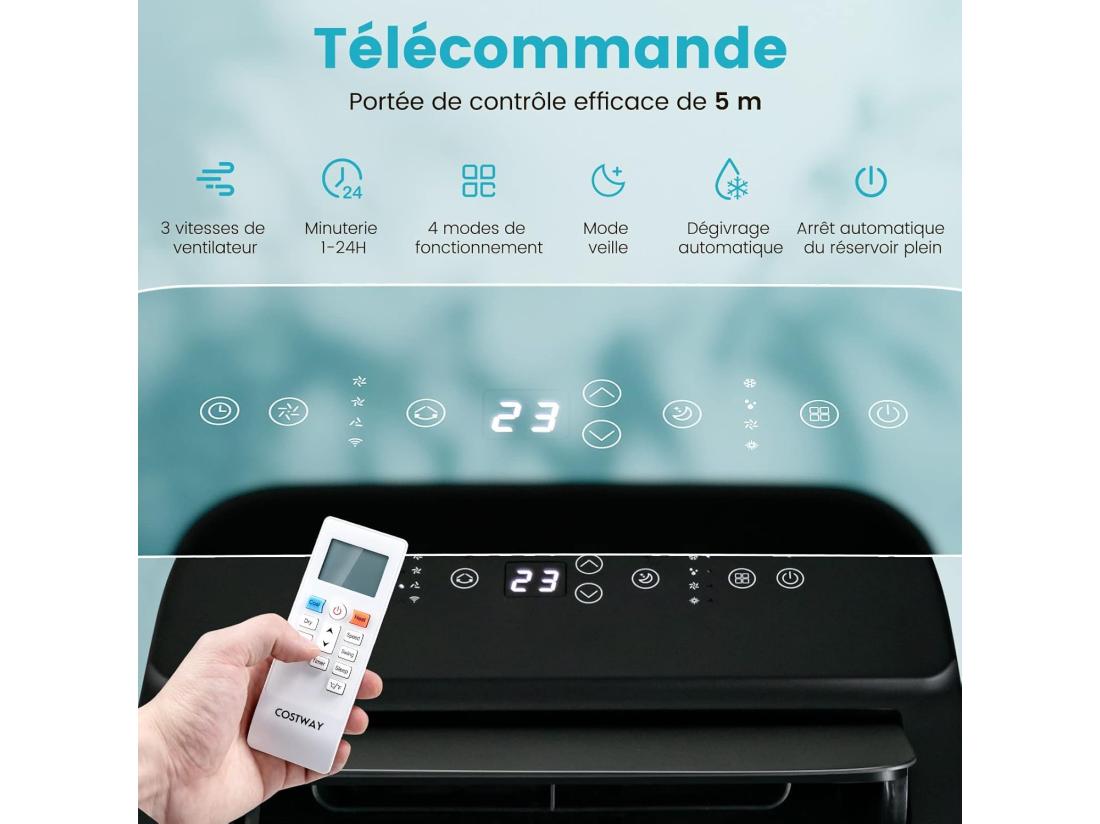 Vente Unique Climatiseur Mobile Silencieux 4 En 1 - 14000BTU [Classe Energétique A] Avec Chauffage Ventilateur Déshumidificateur Rafraîchisseur Mode Nuit