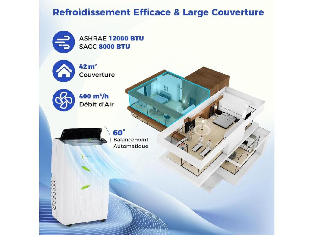 Vente Unique Climatiseur Mobile Silencieux 6 EN 1 Refroidissement Chauffage Ventilateur Déshumidificateur Mode Nuit Climatisation Rapide (Clim Pro|12000BTU)