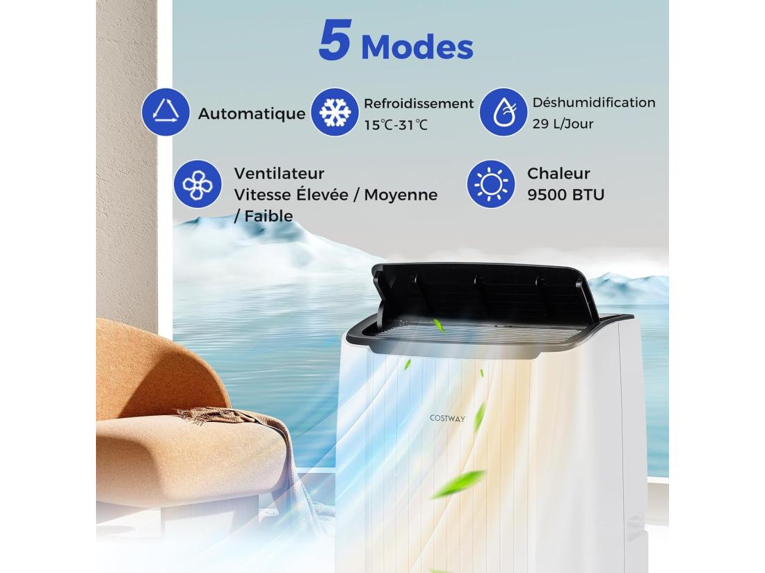 Vente Unique Climatiseur Mobile Silencieux 6 EN 1 Refroidissement Chauffage Ventilateur Déshumidificateur Mode Nuit Climatisation Rapide Clim Mobile (Clim Pro|14000BTU)