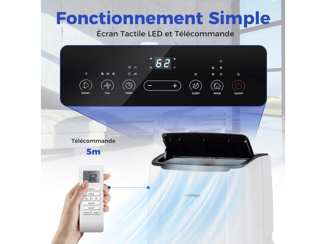 Vente Unique Climatiseur Mobile Silencieux 6 EN 1 Refroidissement Chauffage Ventilateur Déshumidificateur Mode Nuit Climatisation Rapide Clim Mobile (Clim Pro|14000BTU)