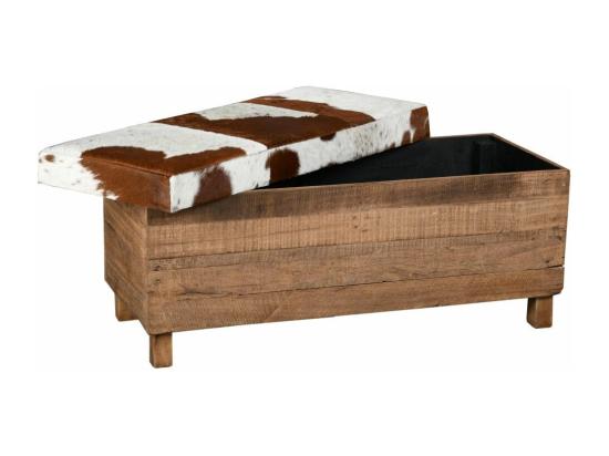 vente unique Coffre banquette en bois recyclé et peau de vache