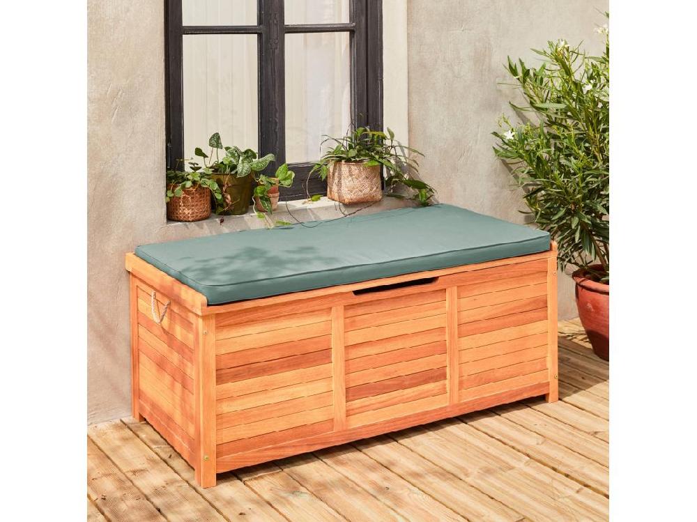 vente unique Coffre de jardin 200L en bois - Caja kaki - 125x60cm rangement coussins avec 2 vérins et poignées