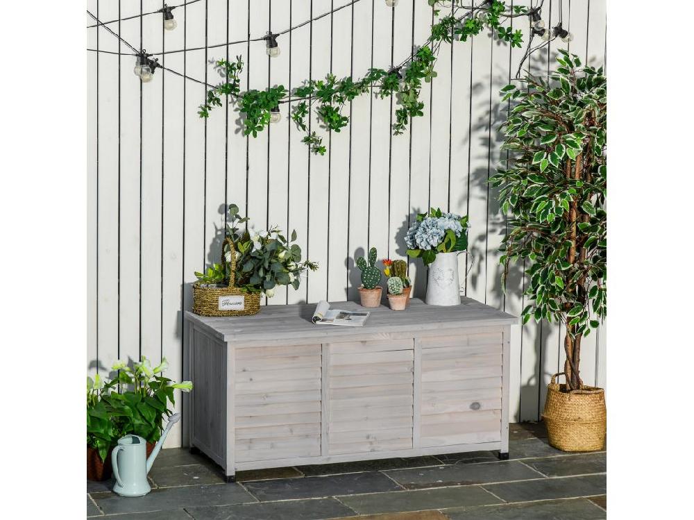 vente unique Coffre de rangement extérieur façade persienne - coffre jardin 283L - dim. 127 x 56 x 60cm - bois gris