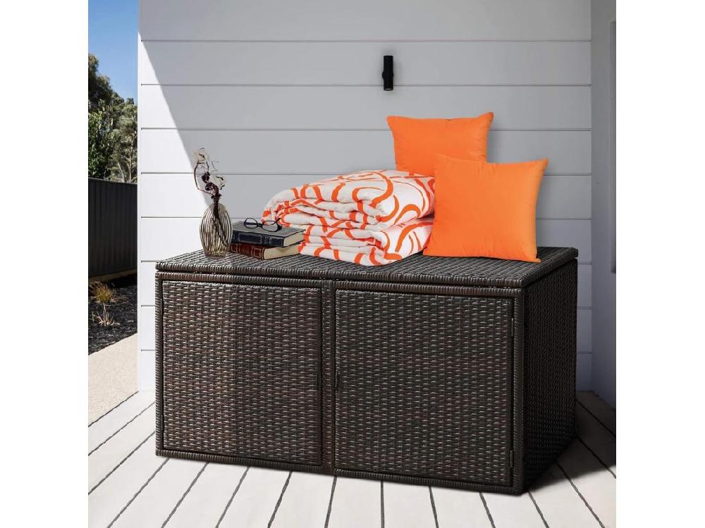 Vente Unique Coffre De Rangement Jardin 335L En Rotin Et Fibre Naturelle PE Charge Max. 120 Kg Cadre En Acier Avec 2 Etagères 115 X 60 X 65 CM（Marron）