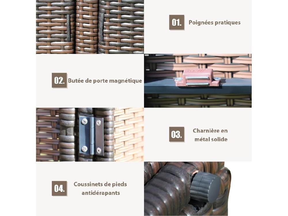 Vente Unique Coffre De Rangement Jardin 335L En Rotin Et Fibre Naturelle PE Charge Max. 120 Kg Cadre En Acier Avec 2 Etagères 115 X 60 X 65 CM（Marron）