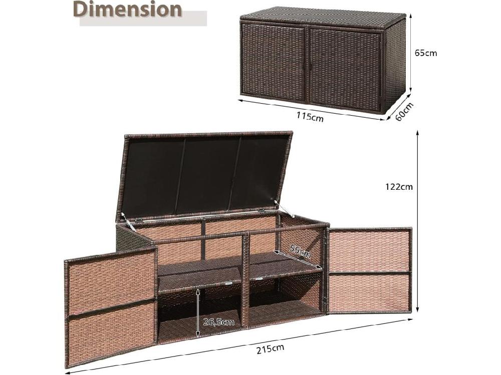 Vente Unique Coffre De Rangement Jardin 335L En Rotin Et Fibre Naturelle PE Charge Max. 120 Kg Cadre En Acier Avec 2 Etagères 115 X 60 X 65 CM（Marron）