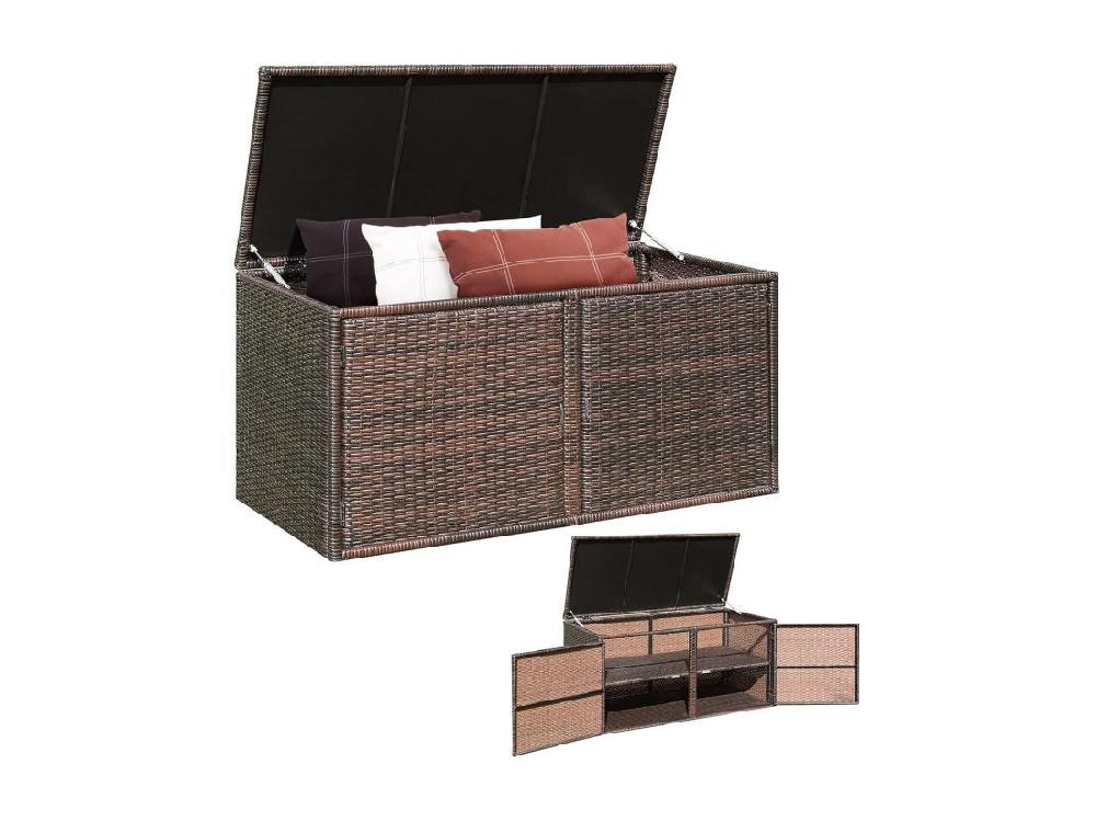 vente unique Coffre de Rangement Jardin 335L en Rotin et fibre naturelle PE Charge Max. 120 kg Cadre en Acier avec 2 Etagères 115 x 60 x 65 CM（Marron）