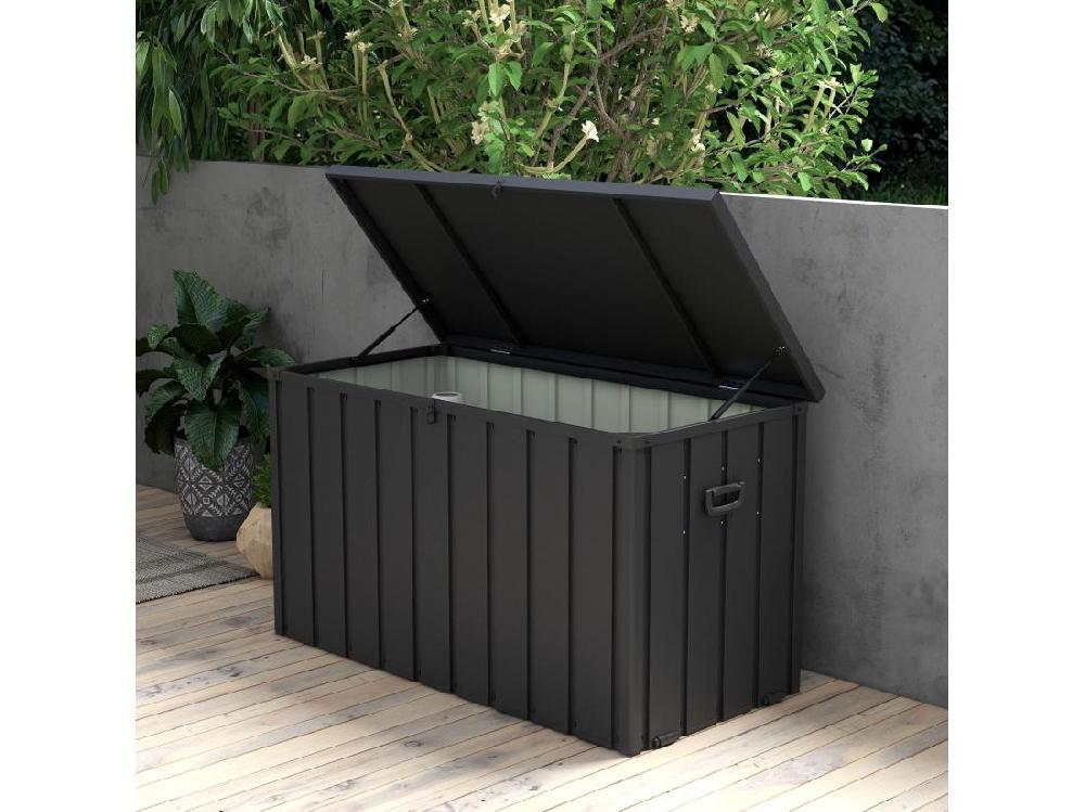 Vente Unique Coffre De Rangement Jardin Capacité 450L - Vérin à Gaz Roulettes Poignée - Acier PP Anthracite