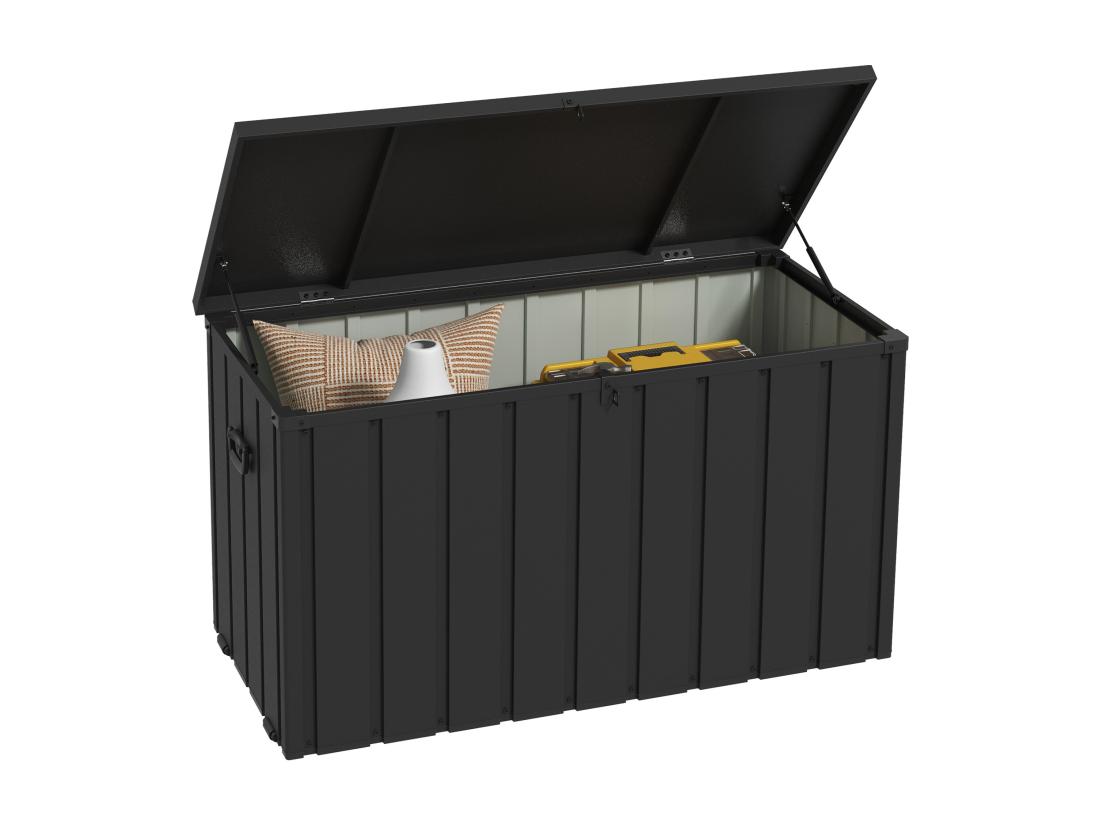 vente unique Coffre de rangement jardin capacité 450L - vérin à gaz roulettes poignée - acier PP anthracite