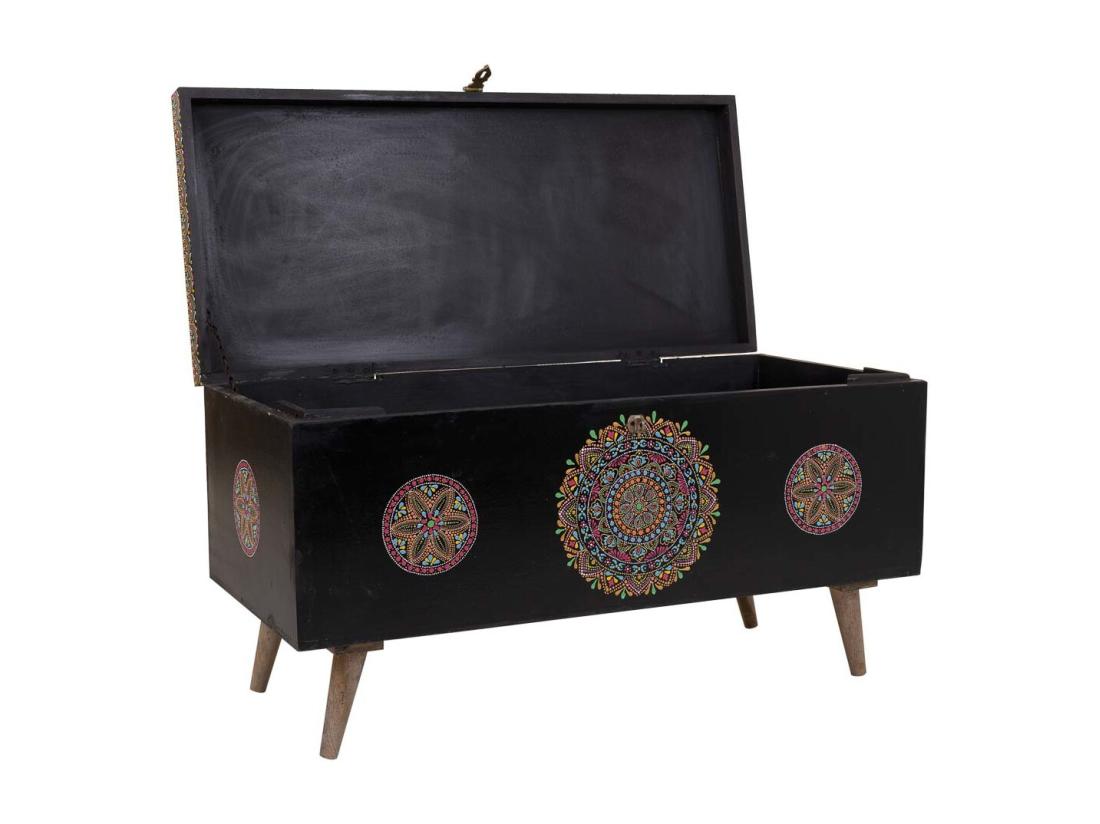 Vente Unique Coffre En Bois Peint Artisanal Noir 89x40x48h