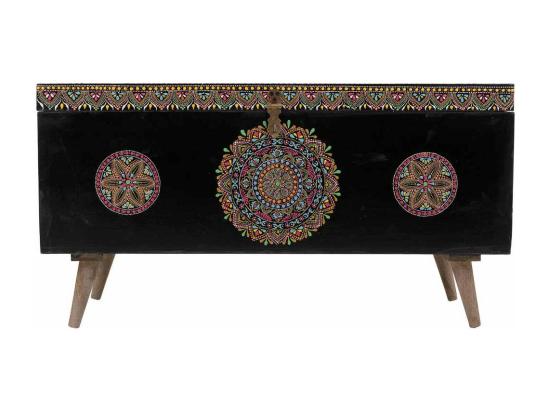 vente unique Coffre en bois peint artisanal noir 89x40x48h