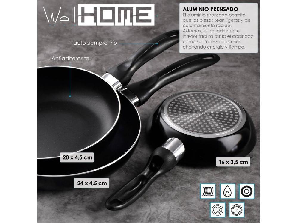 vente unique Coffret 3 poêles Ø16Ø20Ø24 aluminium pressé + batterie de cuisine 8 pièces inox