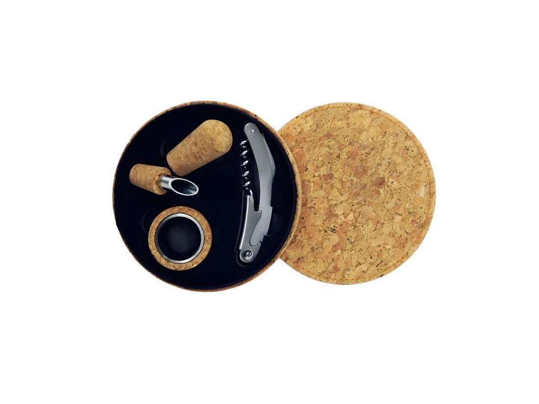 vente unique Coffret cadeau d'accessoires pour bouteille de vin 3 pièces avec boite en liège Fackelmann Gift