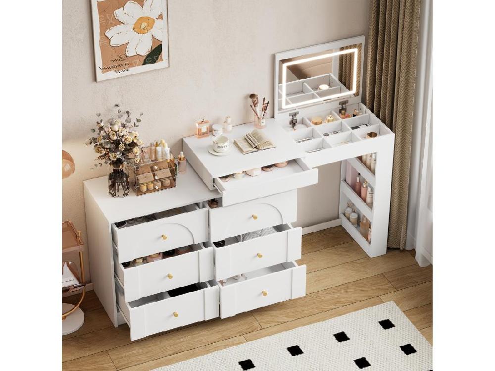 Vente Unique Coiffeuse Avec éclairage LED 105x40x80 Cm - Avec 7 Tiroirs - Avec Compartiments De Rangement - Blanc