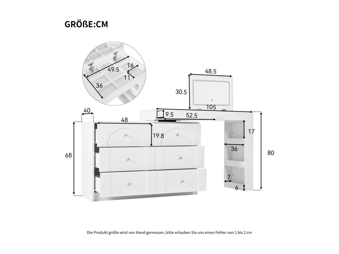 Vente Unique Coiffeuse Avec éclairage LED 105x40x80 Cm - Avec 7 Tiroirs - Avec Compartiments De Rangement - Blanc