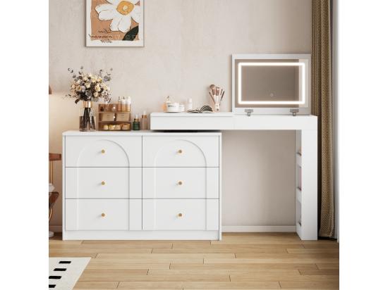 Vente Unique Coiffeuse Avec éclairage LED 105x40x80 Cm - Avec 7 Tiroirs - Avec Compartiments De Rangement - Blanc