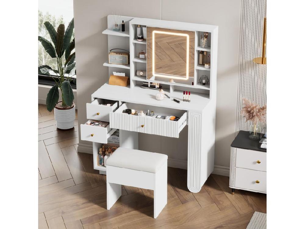 Vente Unique Coiffeuse Avec Miroir 100×40×138 Cm - Avec Tabouret - Avec éclairage LED - Avec Luminosité Réglable - Avec 3 Tiroirs - Avec étagères Ouvertes - Blanc