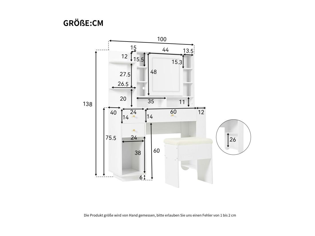 Vente Unique Coiffeuse Avec Miroir 100×40×138 Cm - Avec Tabouret - Avec éclairage LED - Avec Luminosité Réglable - Avec 3 Tiroirs - Avec étagères Ouvertes - Blanc