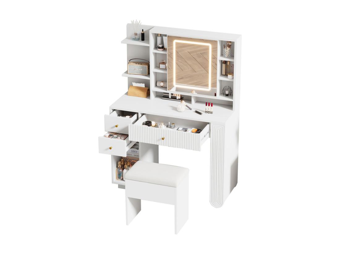 Vente Unique Coiffeuse Avec Miroir 100×40×138 Cm - Avec Tabouret - Avec éclairage LED - Avec Luminosité Réglable - Avec 3 Tiroirs - Avec étagères Ouvertes - Blanc