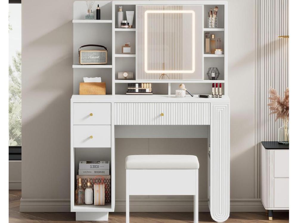 vente unique Coiffeuse avec miroir 100×40×138 cm - avec tabouret - avec éclairage LED - avec luminosité réglable - avec 3 tiroirs - avec étagères ouvertes - blanc
