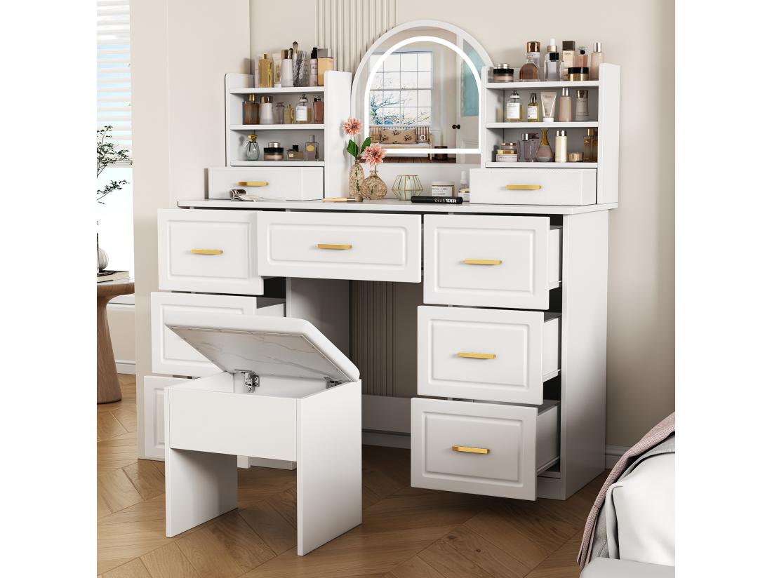 Vente Unique Coiffeuse Avec Miroir 120x40x135 Cm - Avec éclairage LED - Avec 9 Tiroirs - Blanc