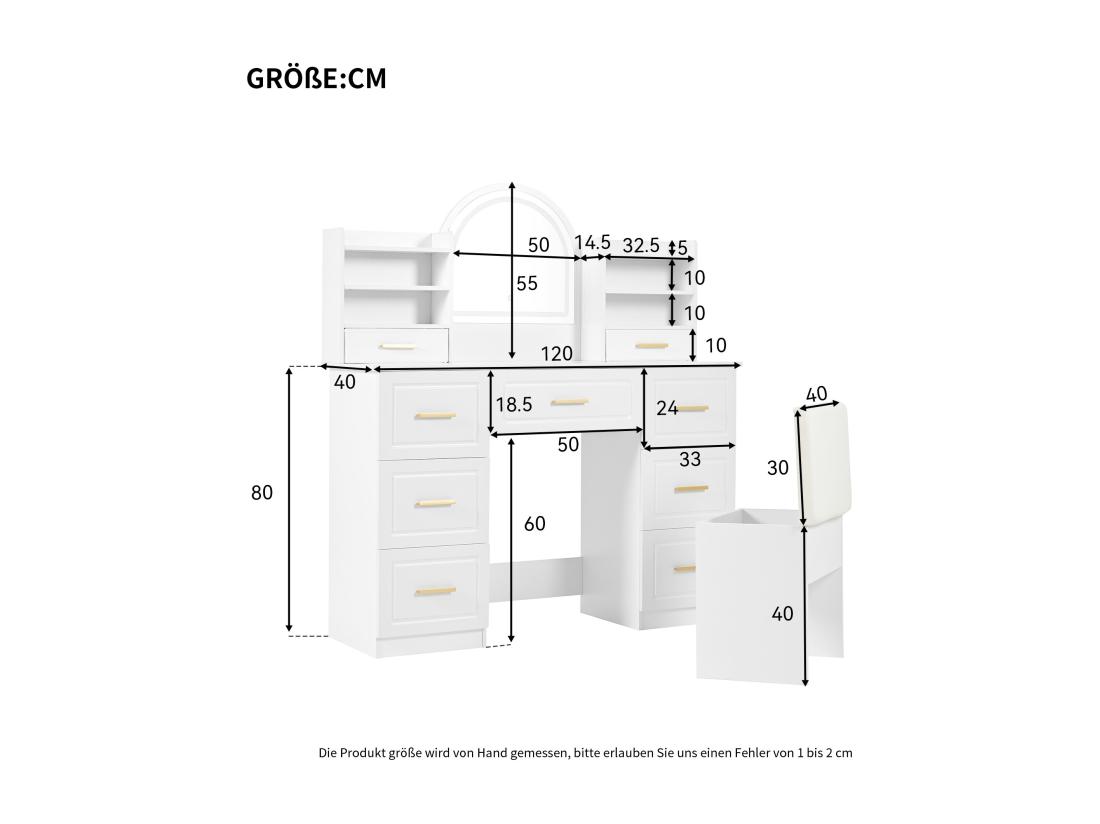 Vente Unique Coiffeuse Avec Miroir 120x40x135 Cm - Avec éclairage LED - Avec 9 Tiroirs - Blanc