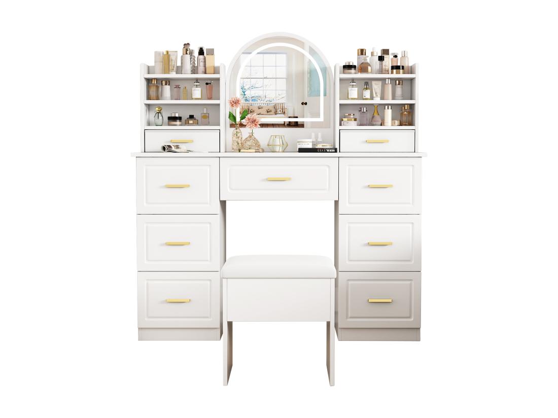 Vente Unique Coiffeuse Avec Miroir 120x40x135 Cm - Avec éclairage LED - Avec 9 Tiroirs - Blanc