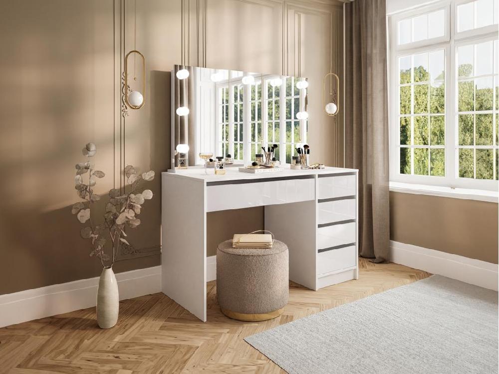 Vente Unique Coiffeuse Avec Miroir à LEDs - 5 Tiroirs - Blanc Brillant - JENEMI