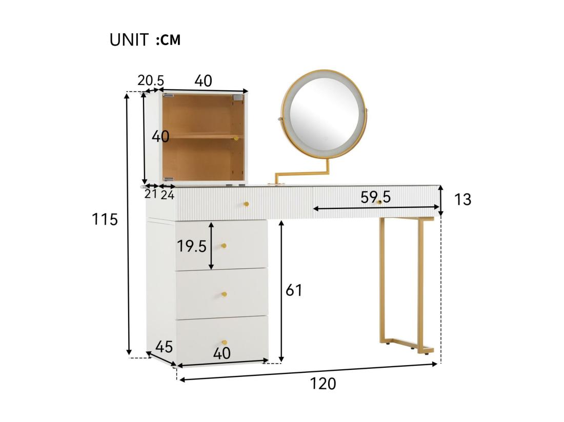 Vente Unique Coiffeuse Avec Miroir Et LED - 5 Tiroirs Et Un Présentoir Vitré - Blanc (tabouret Non Inclus)