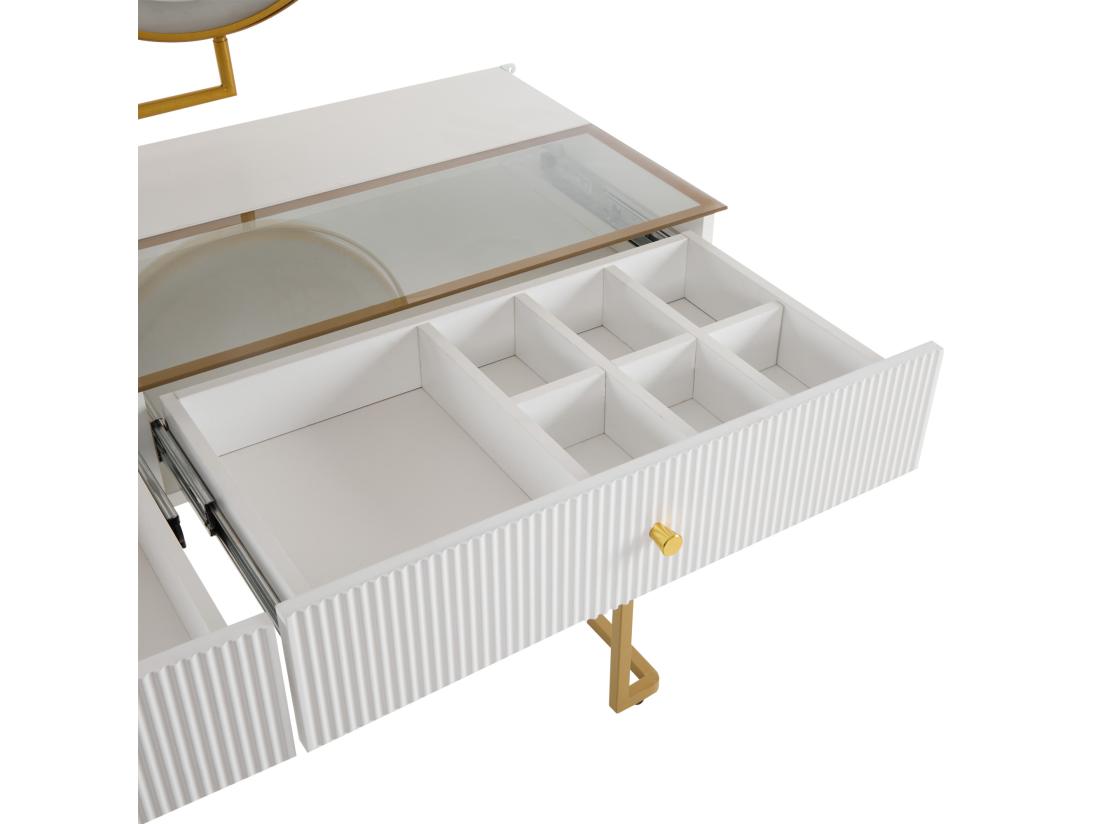 Vente Unique Coiffeuse Avec Miroir Et LED - 5 Tiroirs Et Un Présentoir Vitré - Blanc (tabouret Non Inclus)