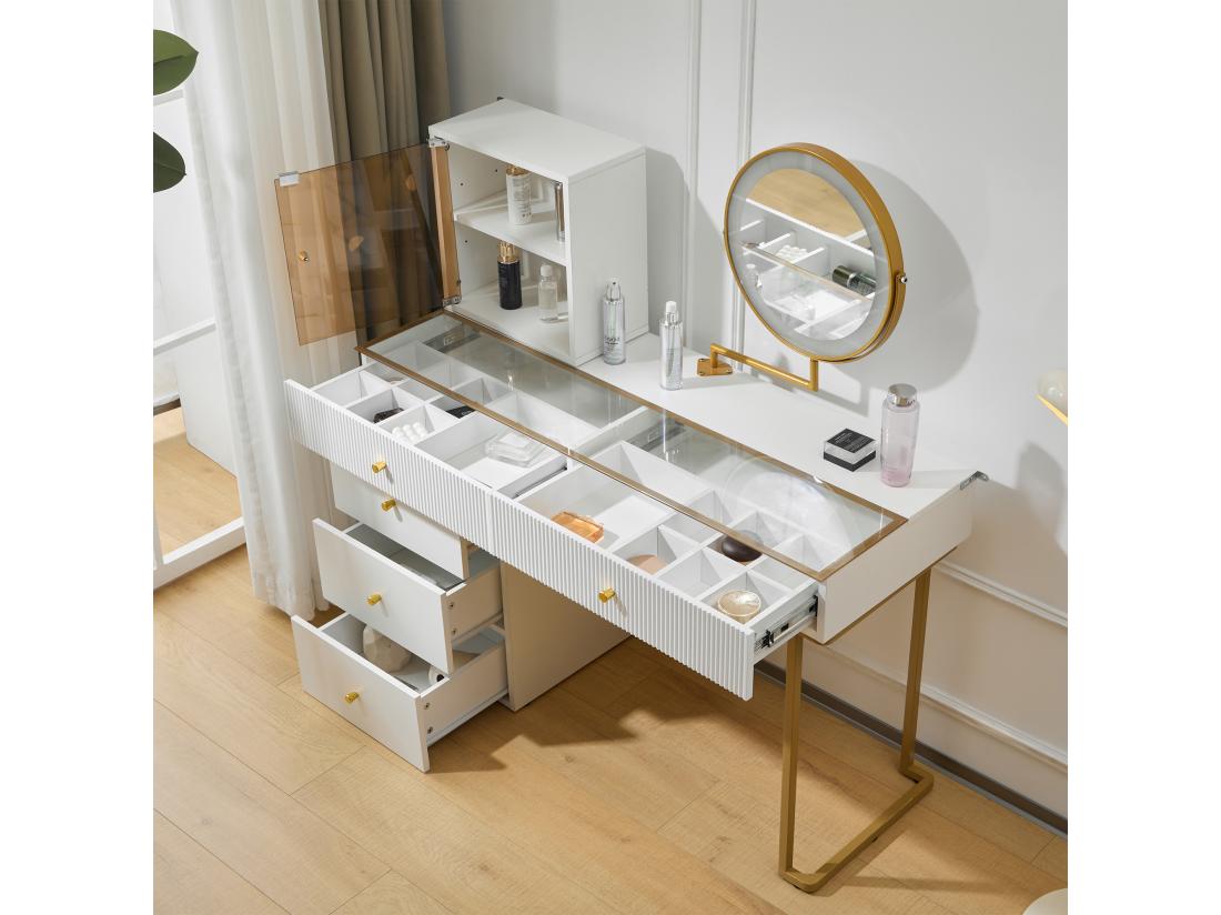 vente unique Coiffeuse avec miroir et LED - 5 tiroirs et un présentoir vitré - Blanc (tabouret non inclus)