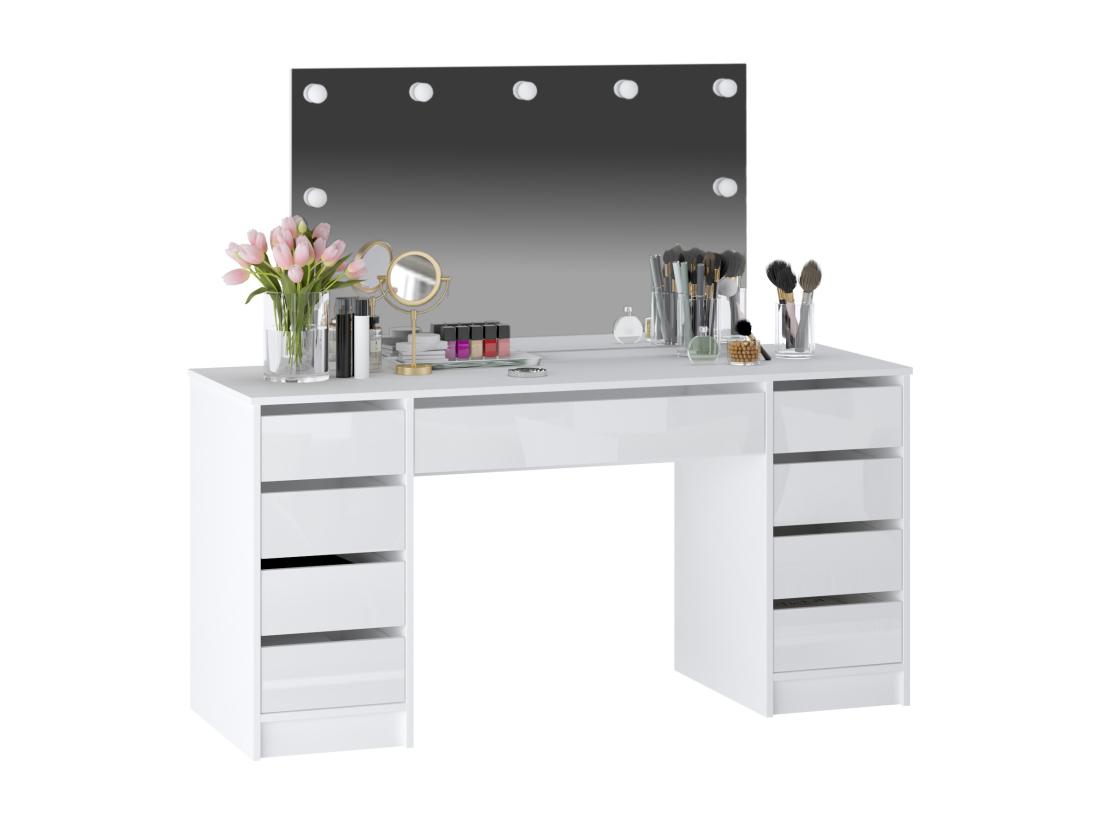 Vente Unique Coiffeuse Double Avec Miroir à LEDs - 9 Tiroirs - Blanc Brillant - JENEMI