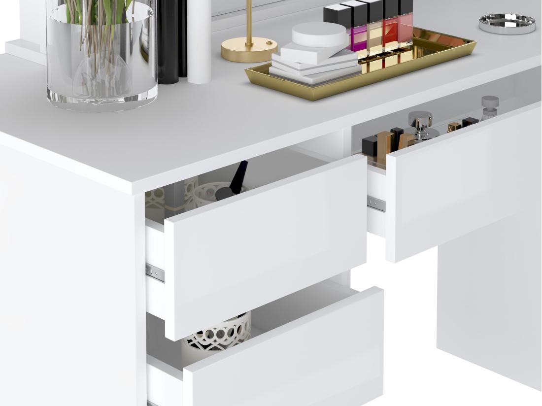 Vente Unique Coiffeuse Double Avec Miroir à LEDs - 9 Tiroirs - Blanc Brillant - JENEMI