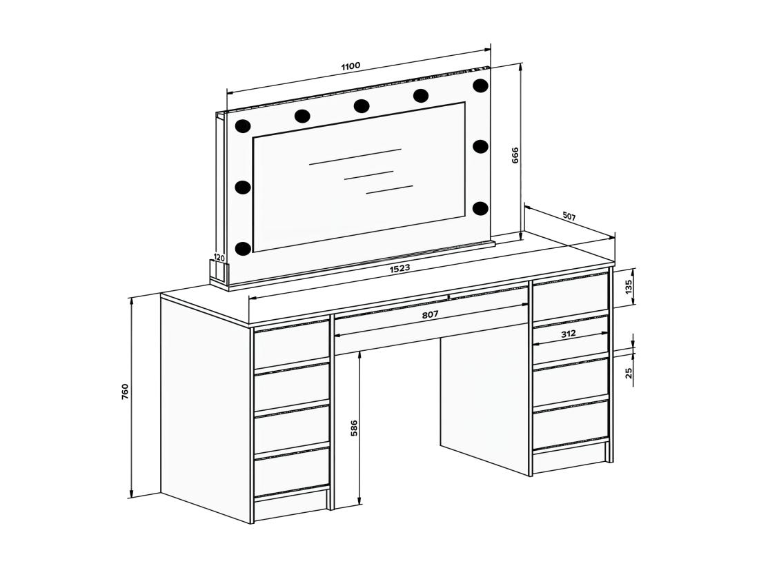 Vente Unique Coiffeuse Double Avec Miroir à LEDs - 9 Tiroirs - Blanc Brillant - JENEMI