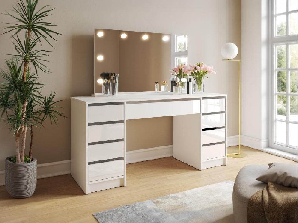 vente unique Coiffeuse double avec miroir à LEDs - 9 tiroirs - Blanc brillant - JENEMI