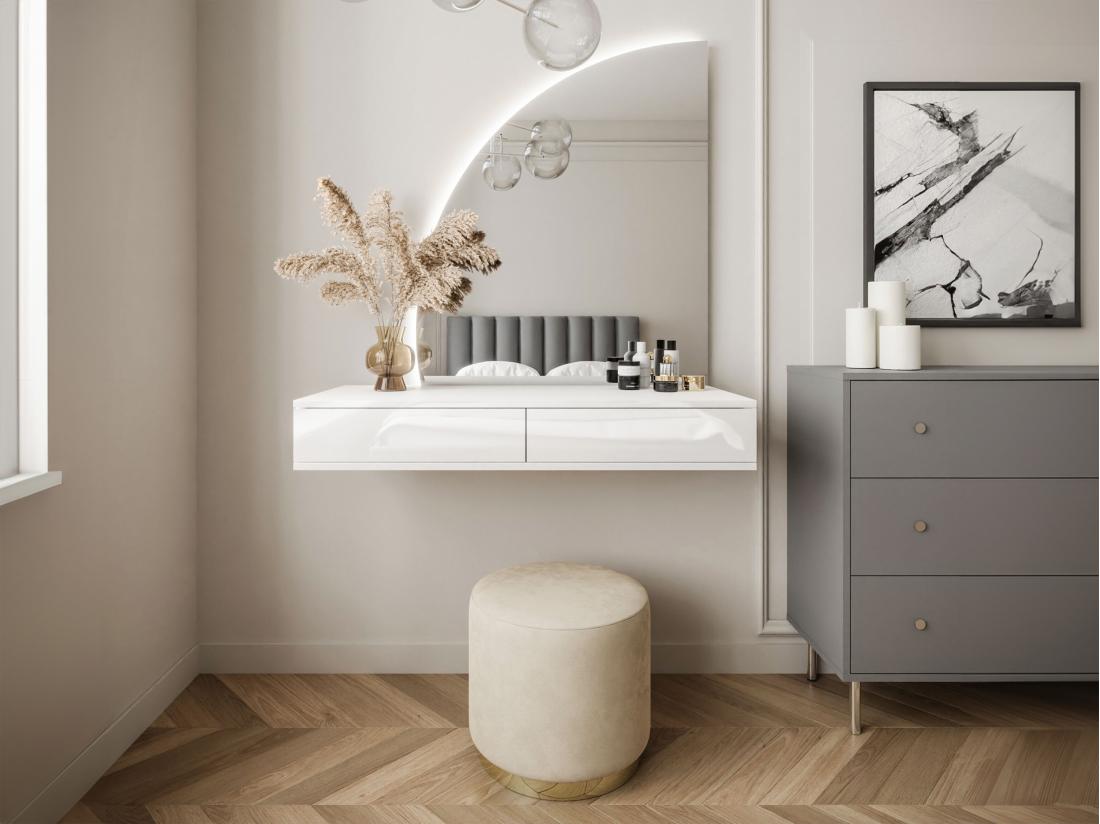 Vente Unique Coiffeuse Suspendue Avec Miroir à LEDs - 2 Tiroirs - Blanc Brillant - JINEZA