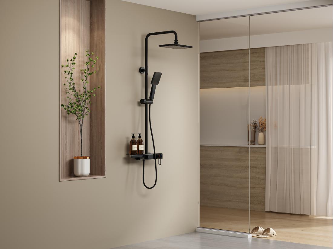 vente unique Colonne de douche en acier inoxydable avec tablette - Noir mat - Hauteur réglable - JIZEO