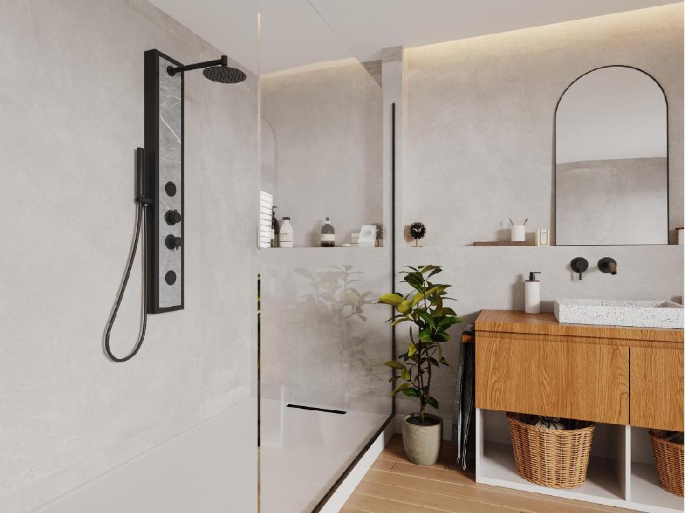 vente unique Colonne de douche hydromassante noire avec décor pierre - H127 x L48 5 cm - LETIYA