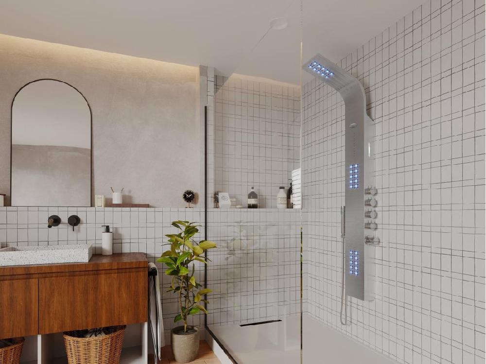vente unique Colonne de douche hydromassante thermostatique à leds et bluetooth - L20 x H165 cm - Argenté - CHAKRA V