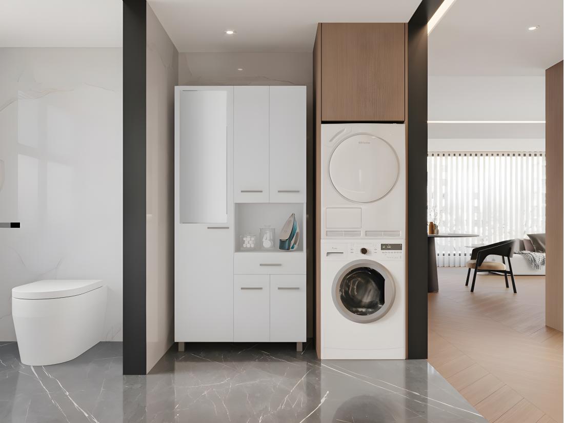 vente unique Colonne de salle de bain avec miroir sur pied - 180 cm - Blanc - MINELA